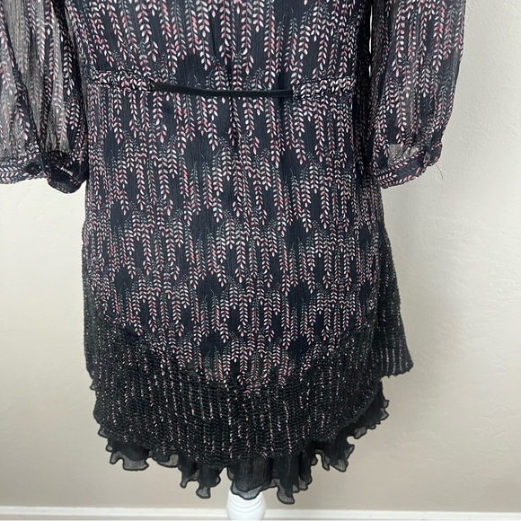 Free People Floral Boho Folk Leather Drawstring Chiffon Mini Dress Size Small - Picture 9 of 13